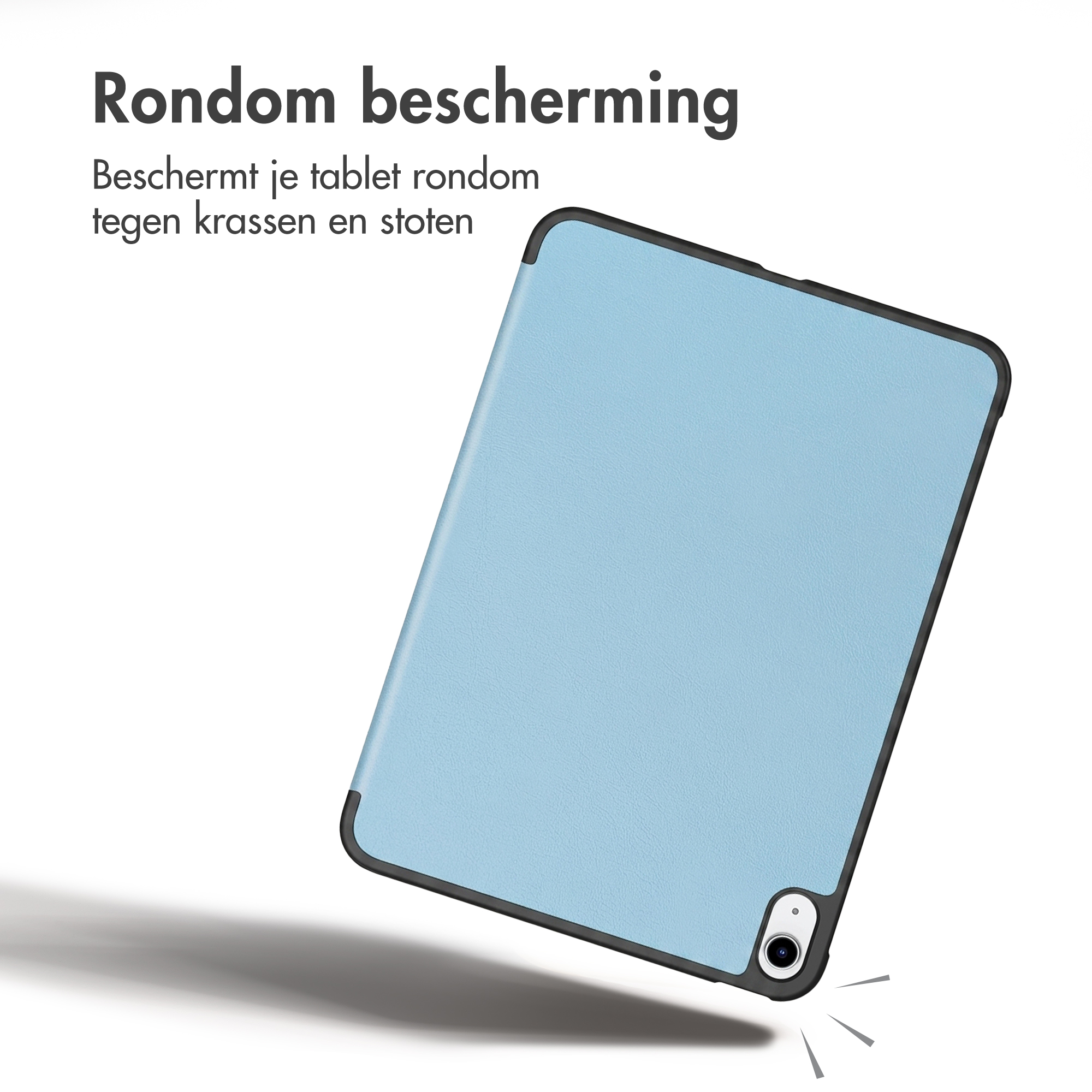 Een lichtblauwe tablet in een donkere hoes zwevend tegen een witte achtergrond met Nederlandse tekst.