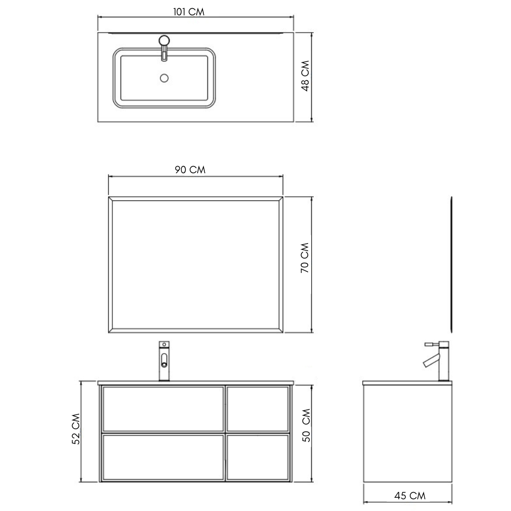 Disegno tecnico di un mobile da bagno con lavabo, specchio e mobiletto, con relative quote.