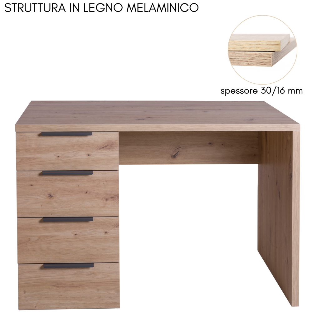 Scrivania in legno con quattro cassetti a sinistra e dettaglio circolare che mostra lo spessore dei pannelli.