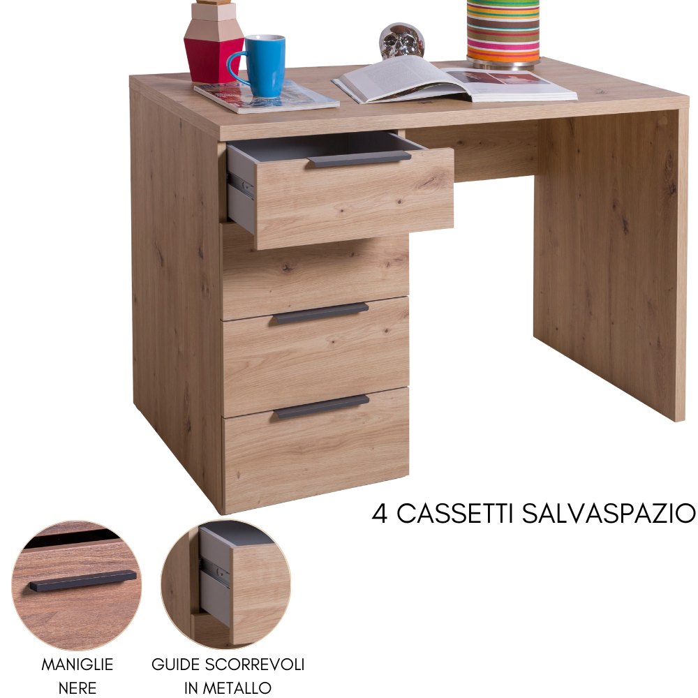 Scrivania in legno chiaro con quattro cassetti, tazza blu, libro aperto, decorazioni e dettagli ingranditi.