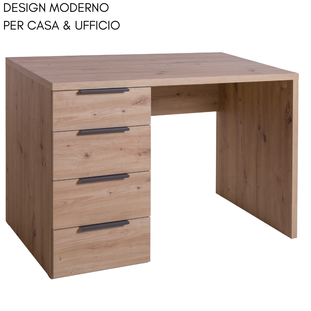Scrivania in legno moderna con quattro cassetti e maniglie scure.