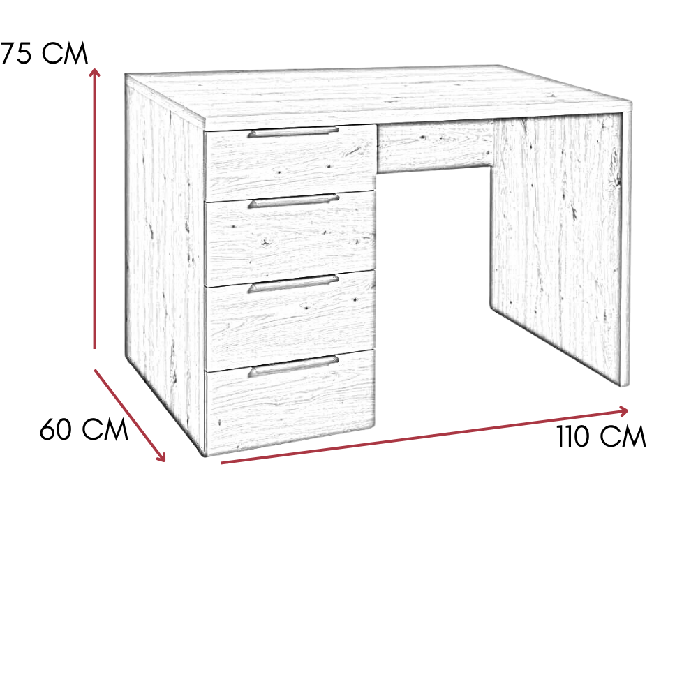 Disegno a linee di una scrivania in legno con quattro cassetti a sinistra e frecce rosse da 75cm, 60cm e 110cm.