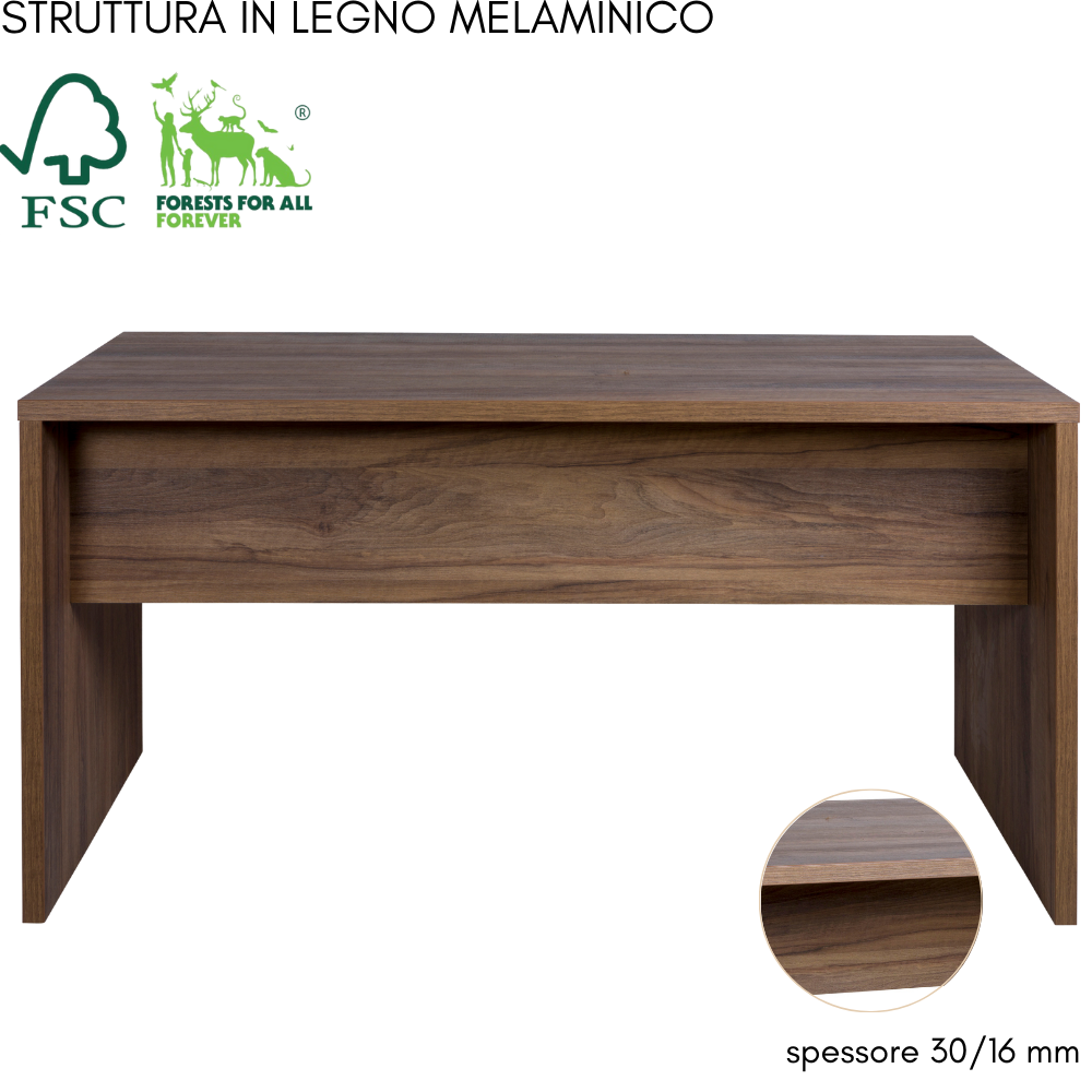 Una scrivania in legno melaminico marrone con logo FSC e dettaglio.