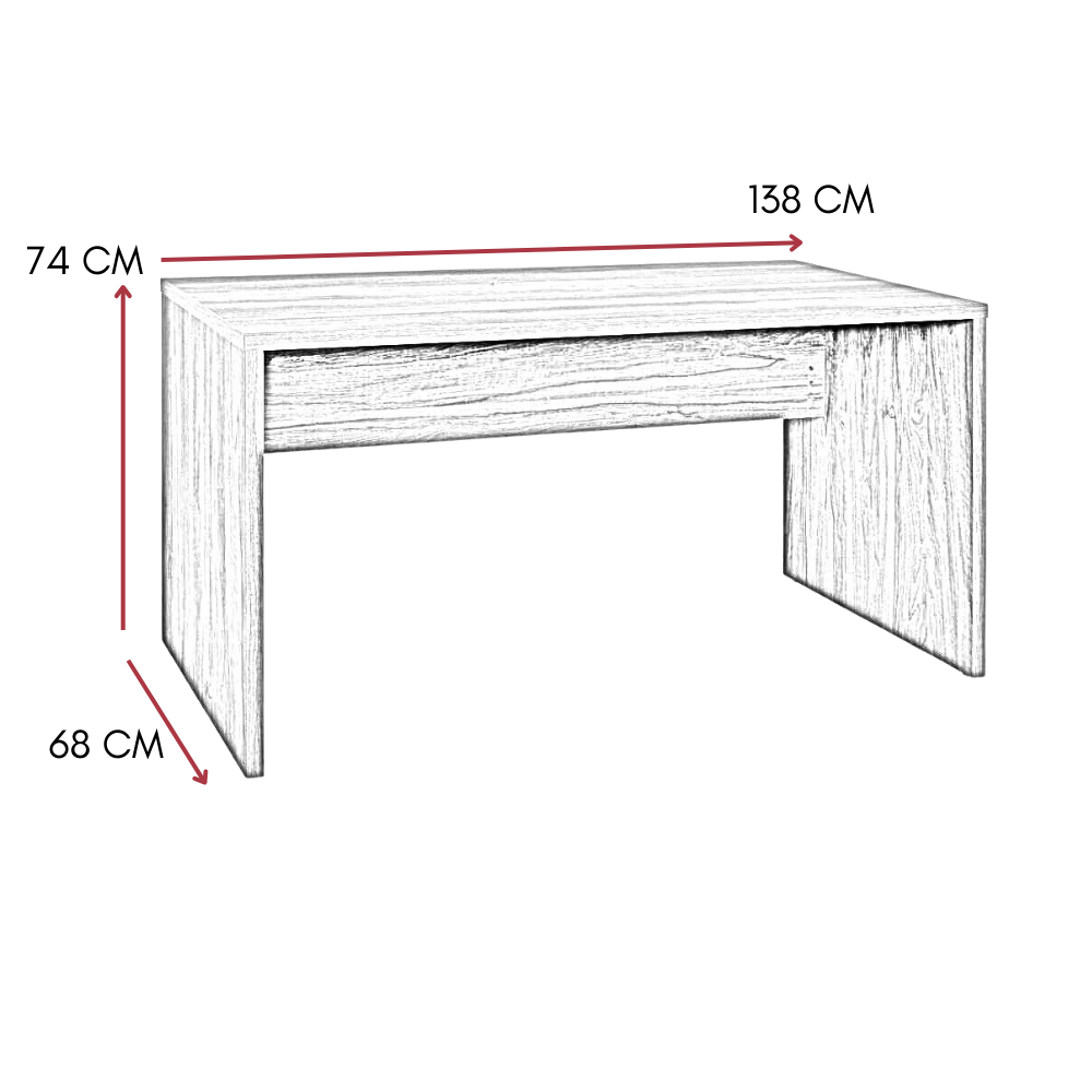 Schizzo di una scrivania in legno con dimensioni: 138 cm larghezza, 74 cm altezza, 68 cm profondità.