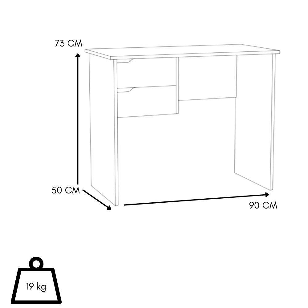 Disegno al tratto di una scrivania con dimensioni di 73x50x90 cm e un peso di 19 kg.