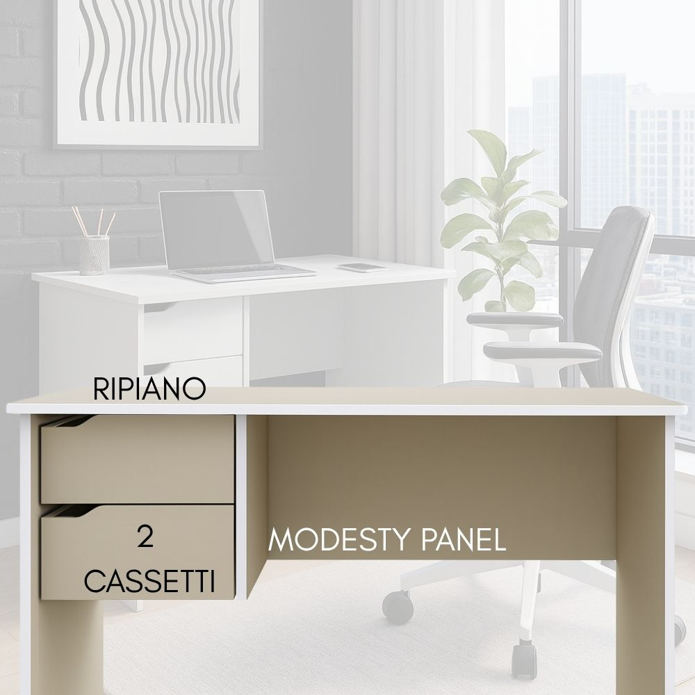 Una scrivania bianca con due cassetti beige e un pannello frontale in un ufficio luminoso.