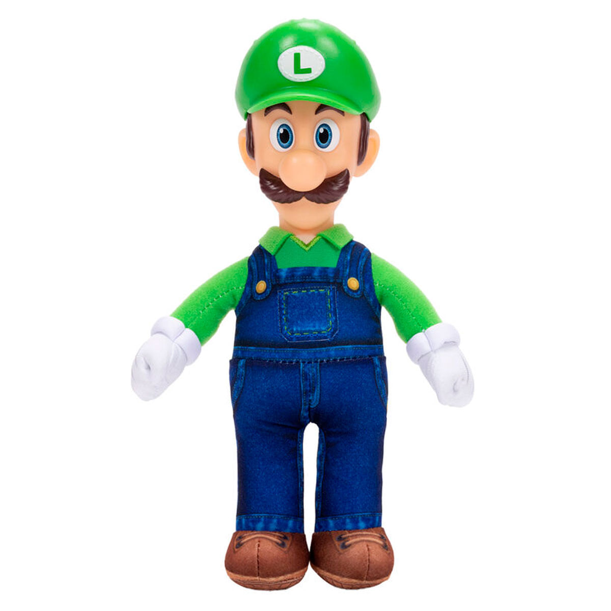 Peluche de Luigi con peto azul, gorra verde con L blanca, guantes blancos y zapatos marrones sobre fondo blanco.