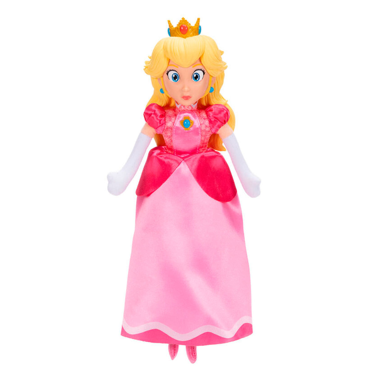 Un peluche de la Princesa Peach con vestido rosa, pelo rubio, corona dorada y guantes blancos sobre fondo blanco.
