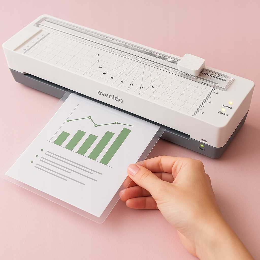 Ręka wkłada papier z zielonymi wykresami do biało-szarej laminarki.