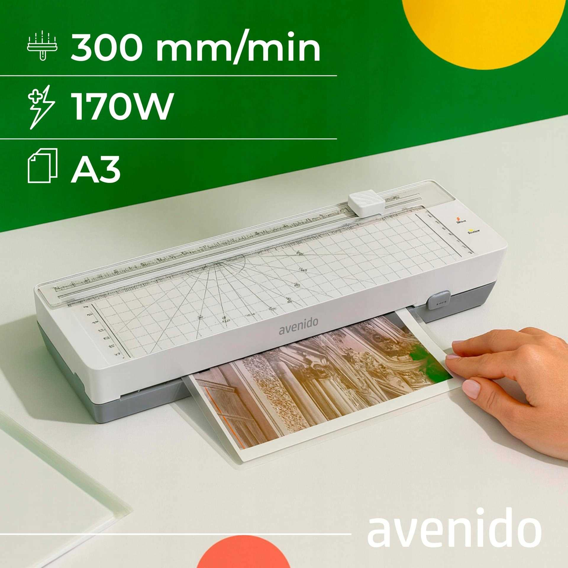 Biała laminarka w formacie A3, o mocy 170W i prędkości pracy 300 mm/min.