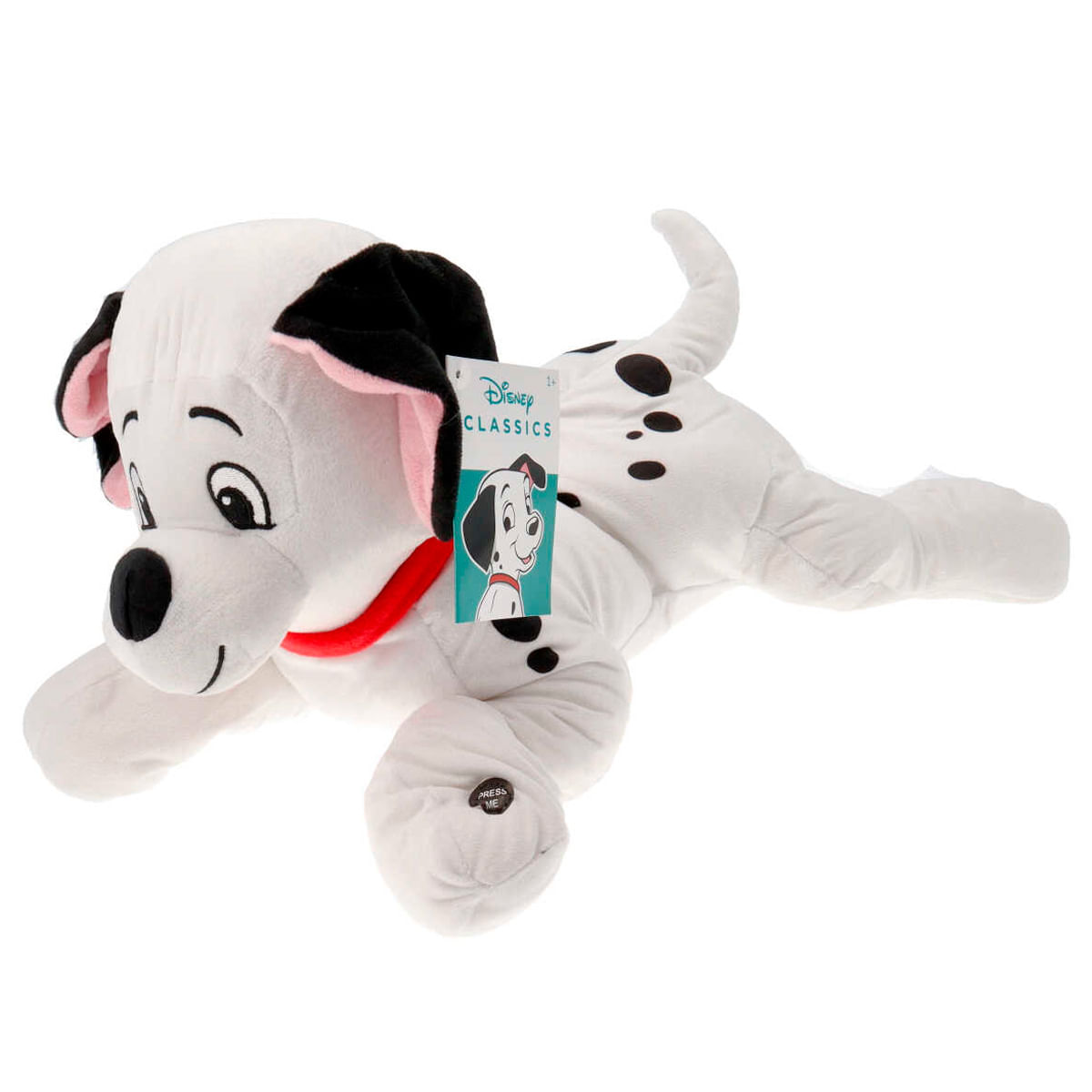 Un peluche de dálmata blanco con manchas negras, collar rojo y etiqueta de Disney Classics sobre un fondo blanco.