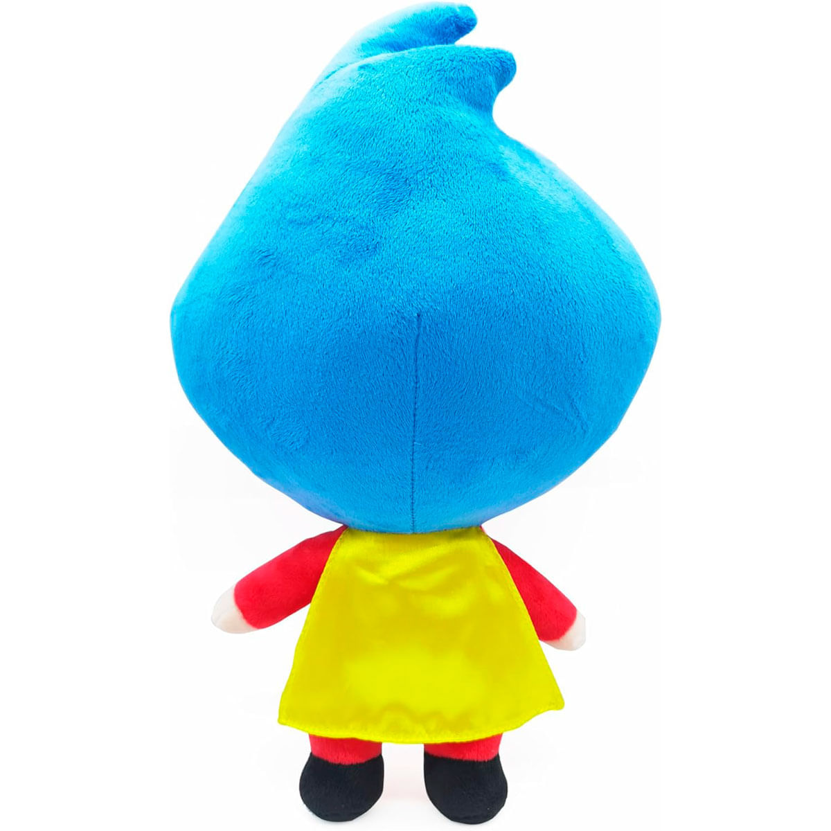 Vista trasera de un peluche con cabeza azul, cuerpo rojo y capa amarilla sobre fondo blanco.