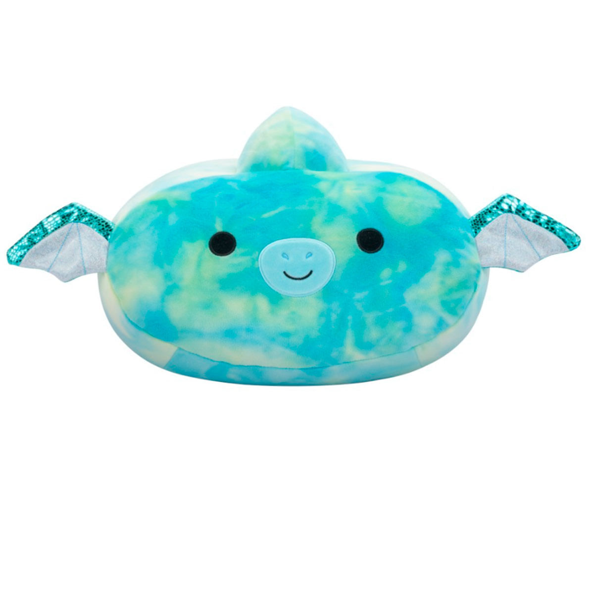 Un peluche azul y verde teñido con alas pequeñas, ojos negros y una cara sonriente sobre un fondo blanco.
