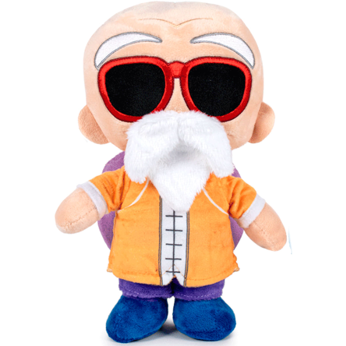 Peluche del Maestro Roshi con gafas de sol rojas, barba blanca, camisa naranja, pantalones morados y zapatos azules.