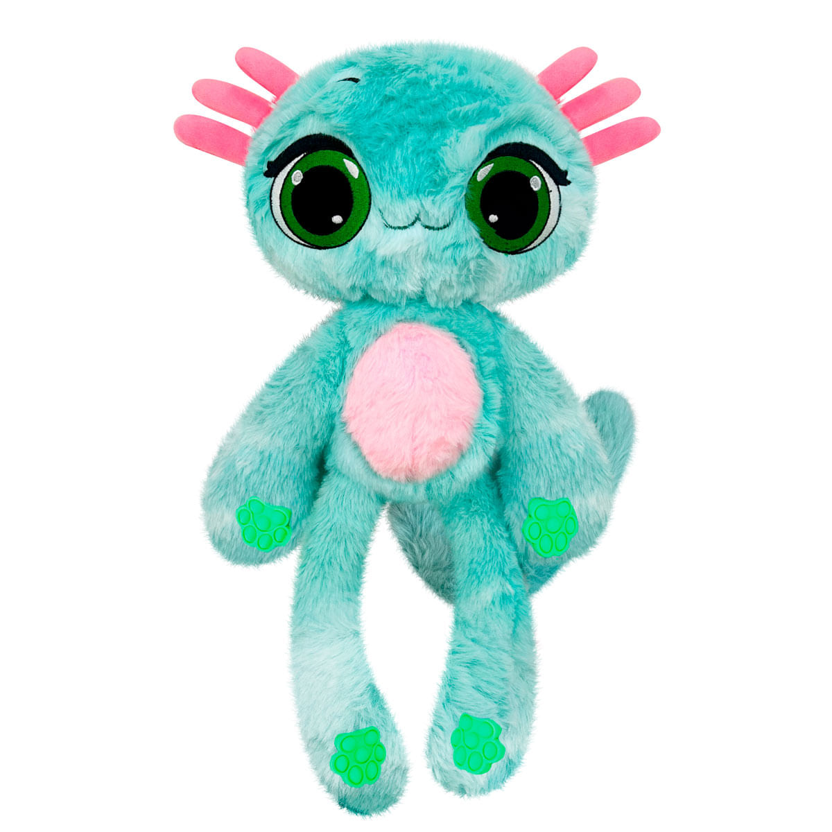 Peluche de ajolote turquesa con grandes ojos verdes, vientre rosa y branquias sobre fondo blanco.