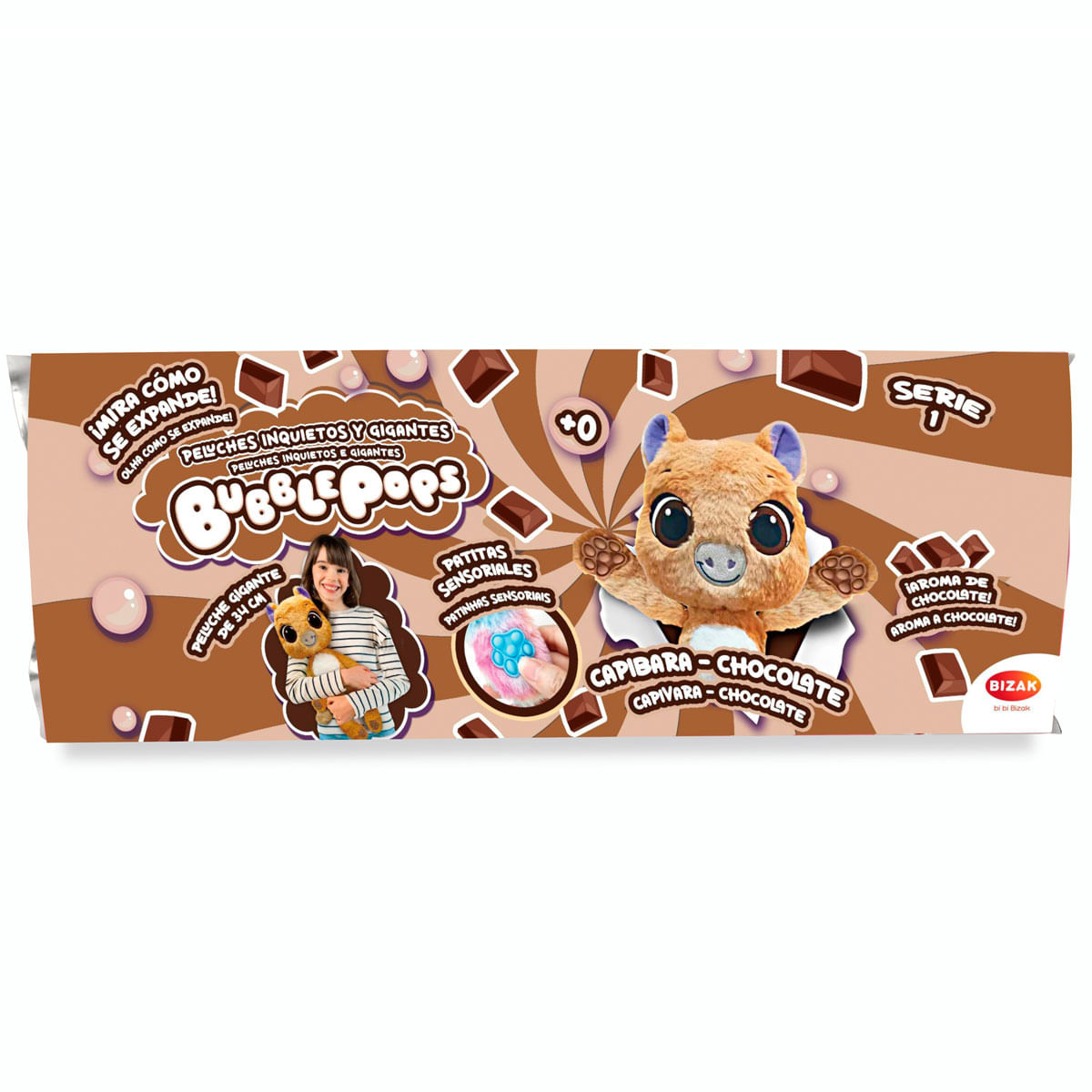 Empaque para el peluche Bubble Pops Capibara Chocolate, con temas marrones, texto y gráficos del producto.