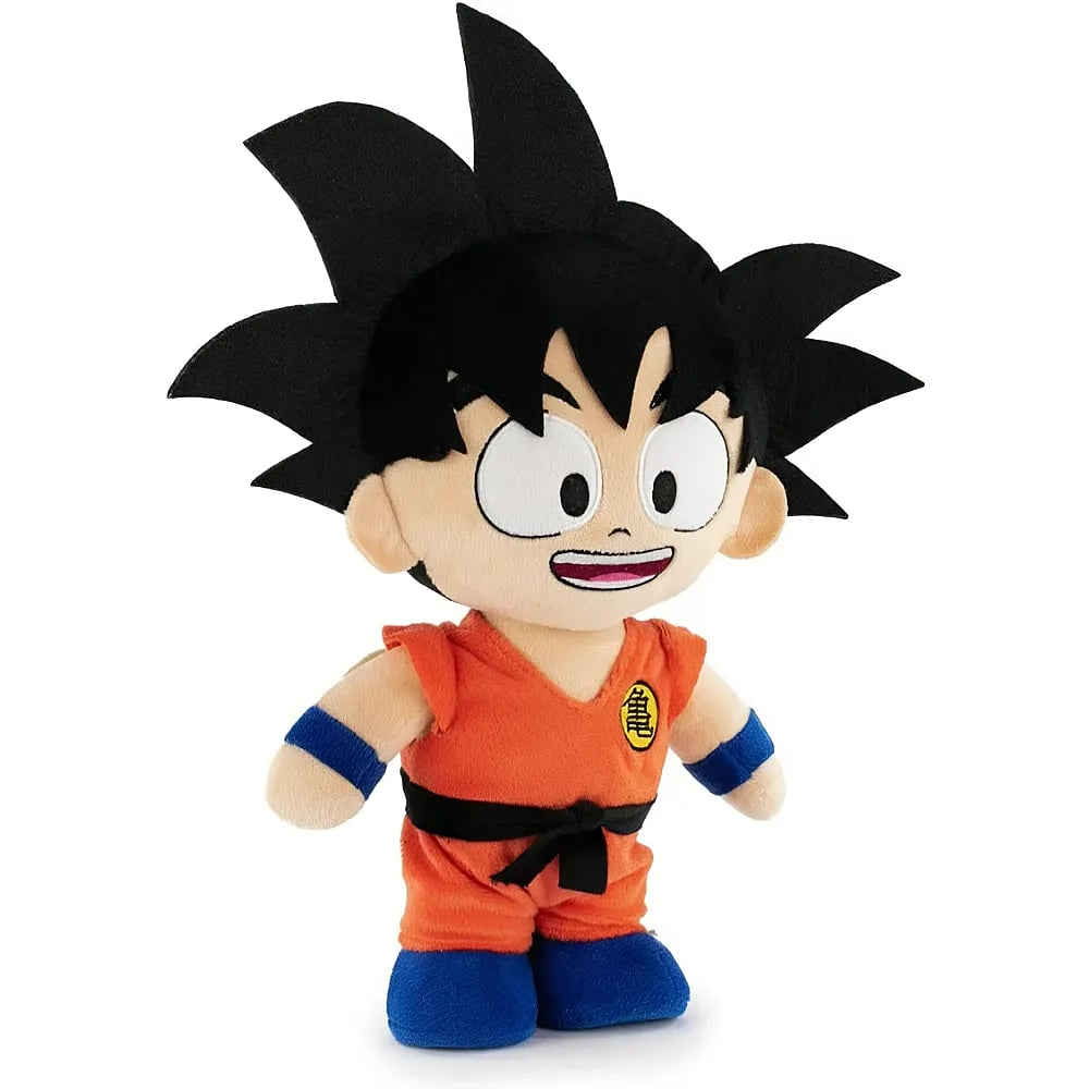 Un muñeco de peluche de Goku de Dragon Ball con traje naranja, botas azules y cabello negro puntiagudo.