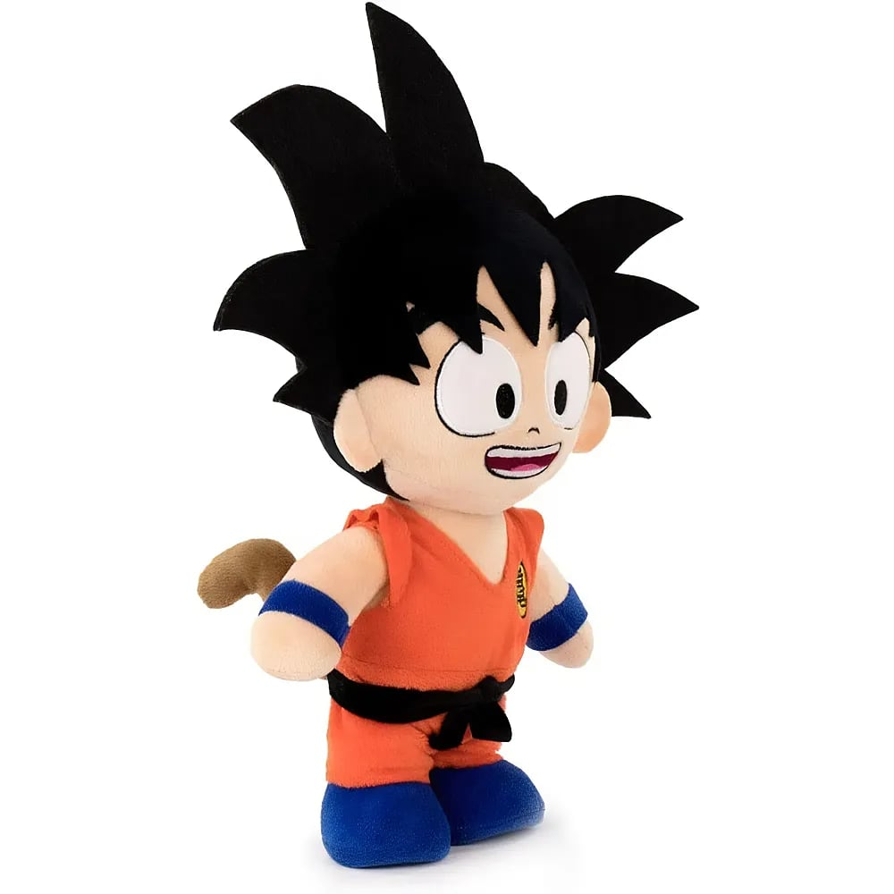 Figura de peluche de Goku con cabello negro puntiagudo, traje naranja, botas azules y una pequeña cola.