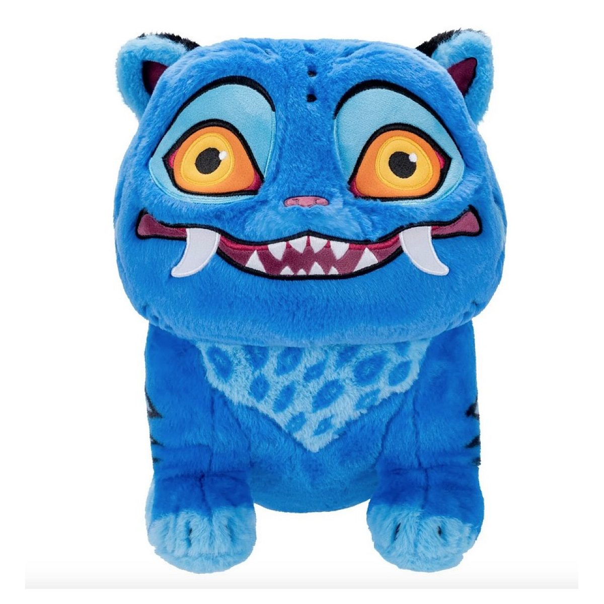 Un monstruo de peluche azul con grandes ojos amarillos, colmillos blancos y un patrón moteado en el pecho sobre fondo blanco.