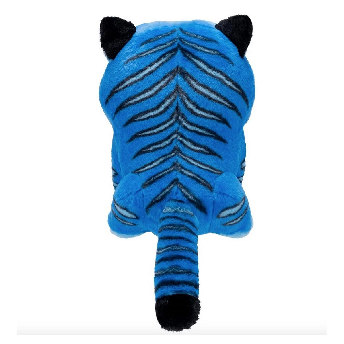Vista trasera de un tigre de peluche azul con rayas negras, orejas negras y cola rayada con punta negra sobre blanco.