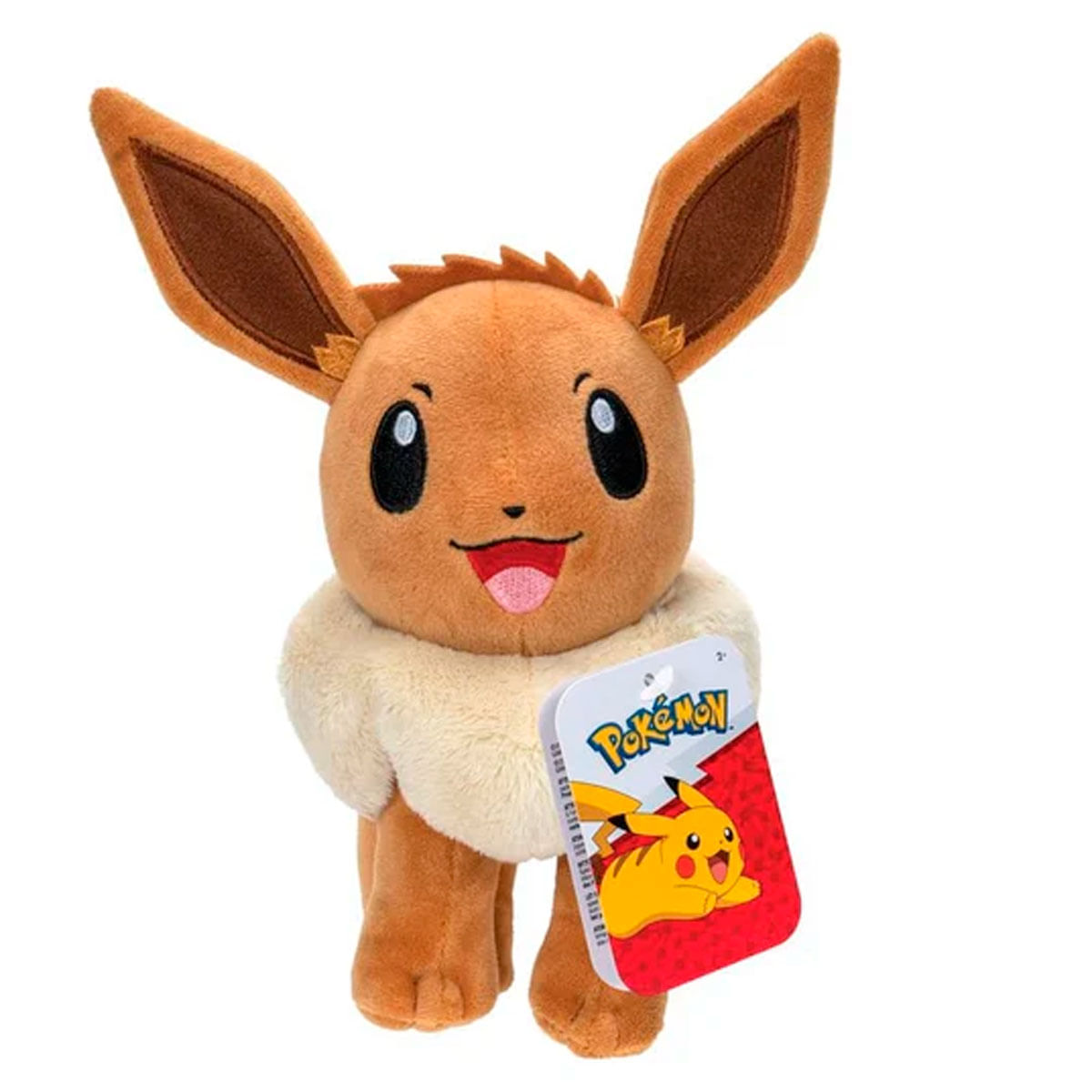 Un peluche marrón de Eevee con orejas grandes y cuello crema, sosteniendo una etiqueta de Pokémon.