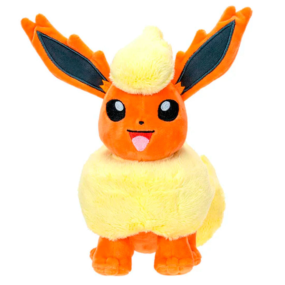 Un peluche de Flareon de Pokémon con cuerpo naranja, cuello de pelo amarillo y orejas grandes sobre fondo blanco.