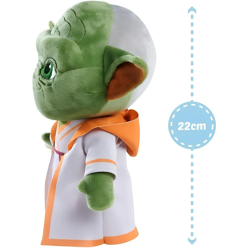 Un peluche de Yoda verde con túnica blanca y naranja sobre fondo blanco y un indicador de altura de 22 cm.