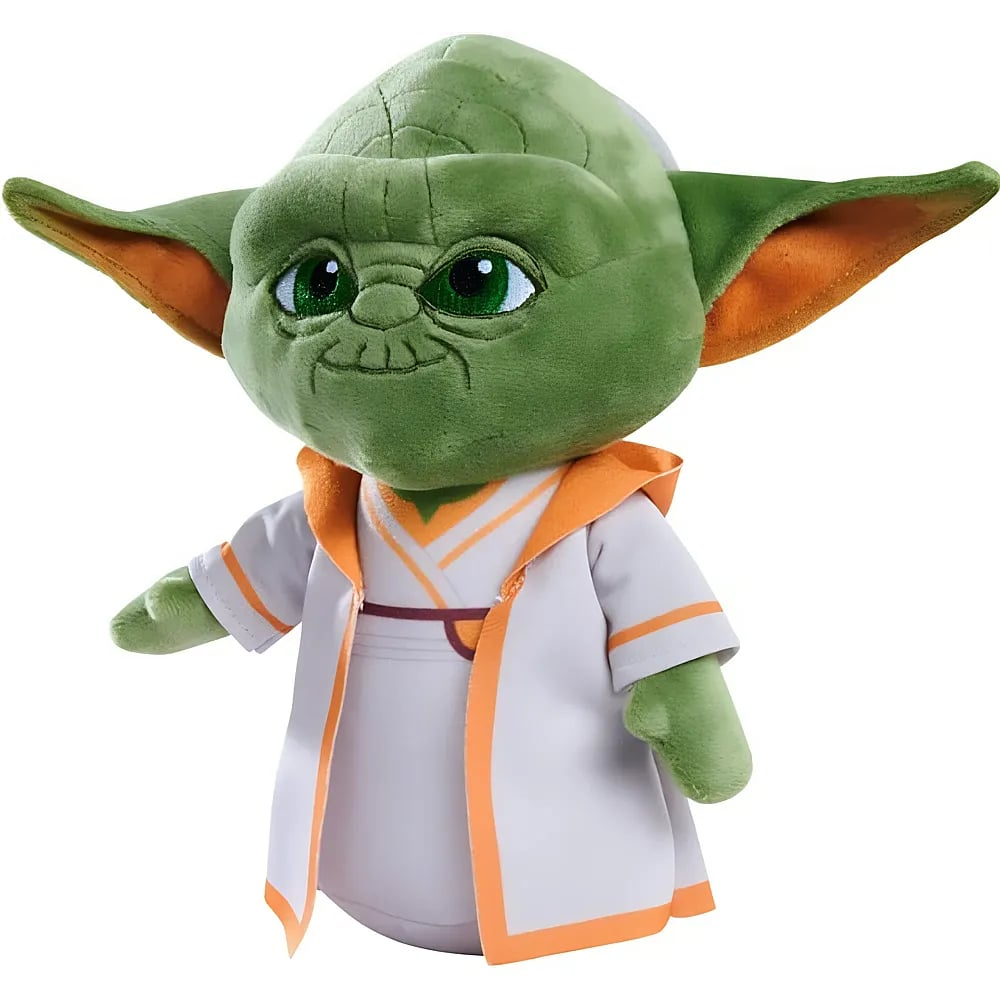 Figura de peluche de Yoda con piel verde y túnicas blancas con detalles naranjas sobre fondo blanco.