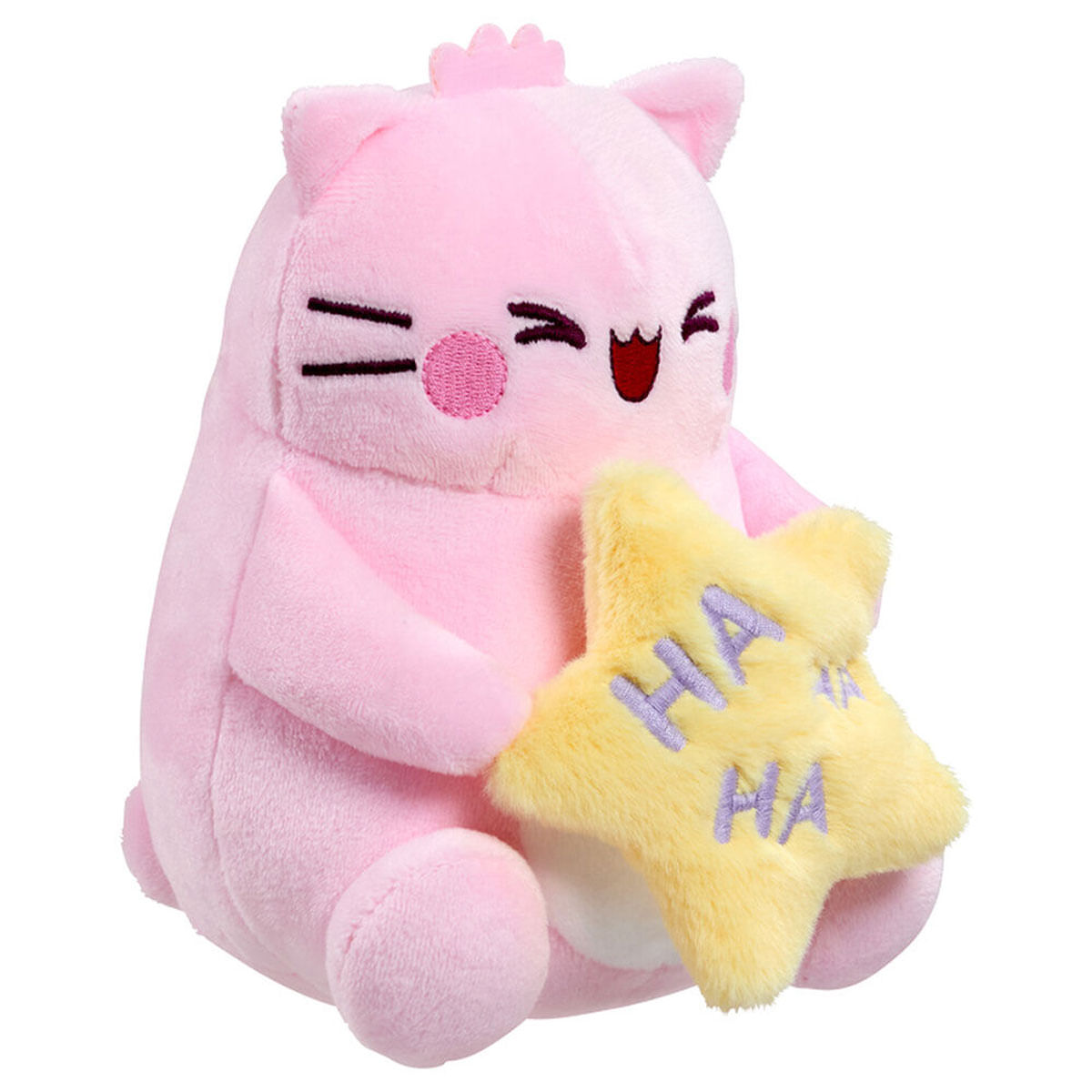 Peluche rosa que sostiene una estrella amarilla con el texto HA HA.