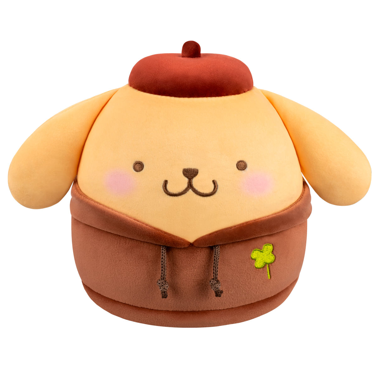 Peluche Pompompurin con sudadera marrón y boina roja.