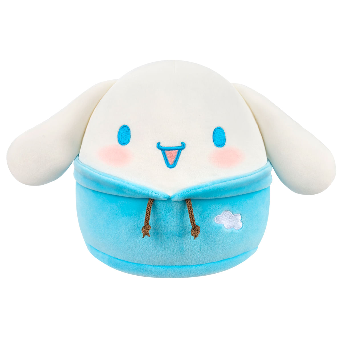 Un perro de peluche blanco y redondo con ojos azules, mejillas rosadas y una sudadera azul claro con un bordado de nube.