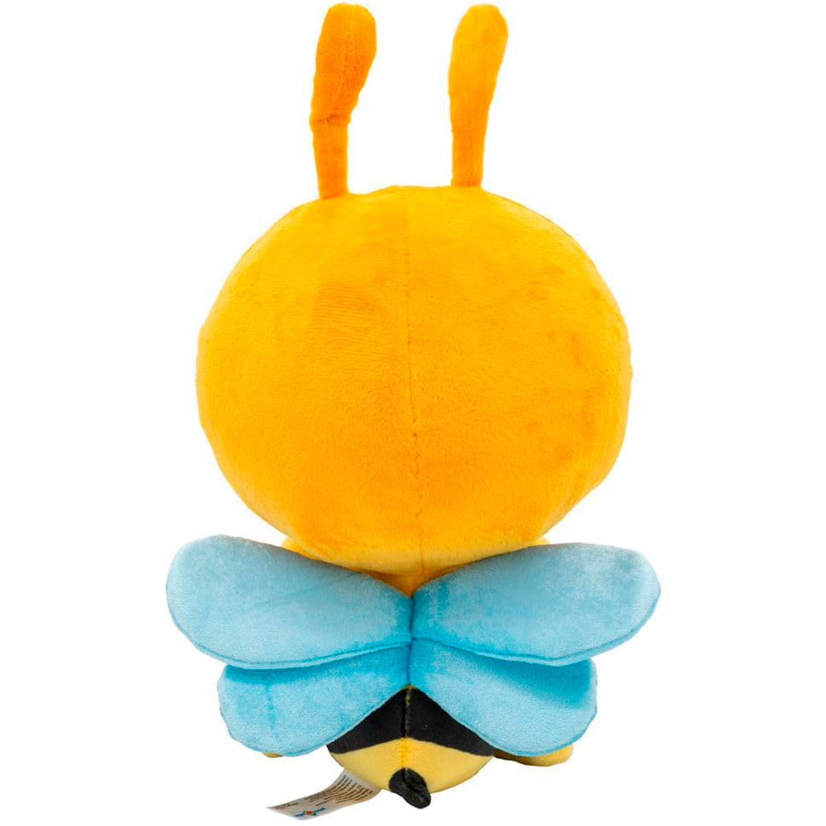 Vista trasera de un peluche de abeja con cabeza amarilla, alas azules y cuerpo a rayas.