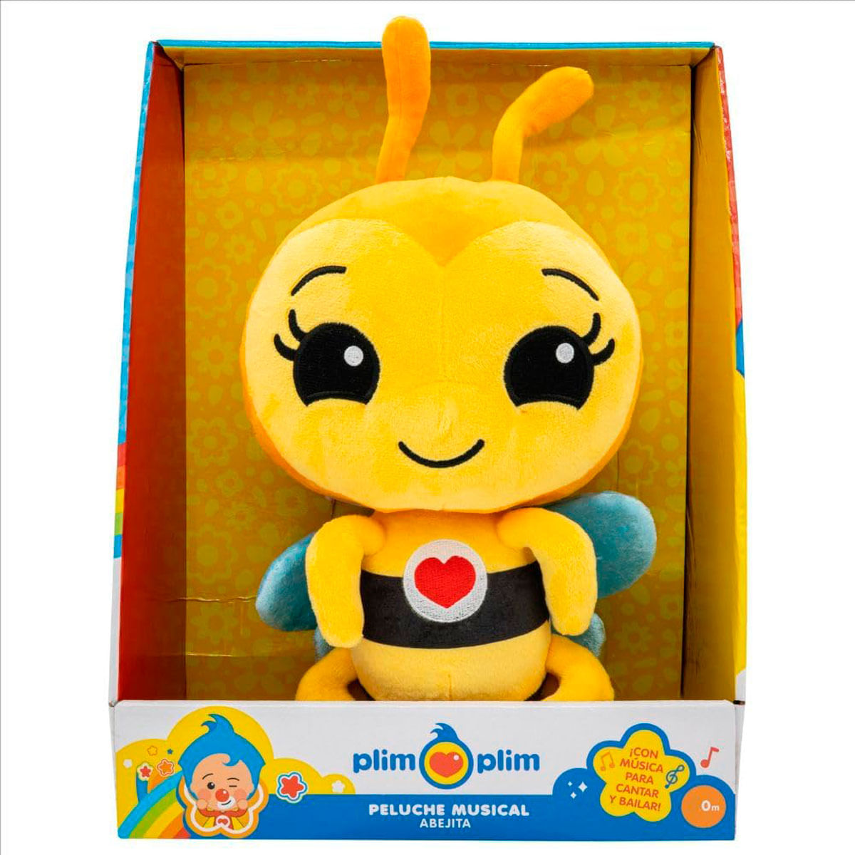 Un peluche de abeja Plim Plim con un corazón en caja amarilla.