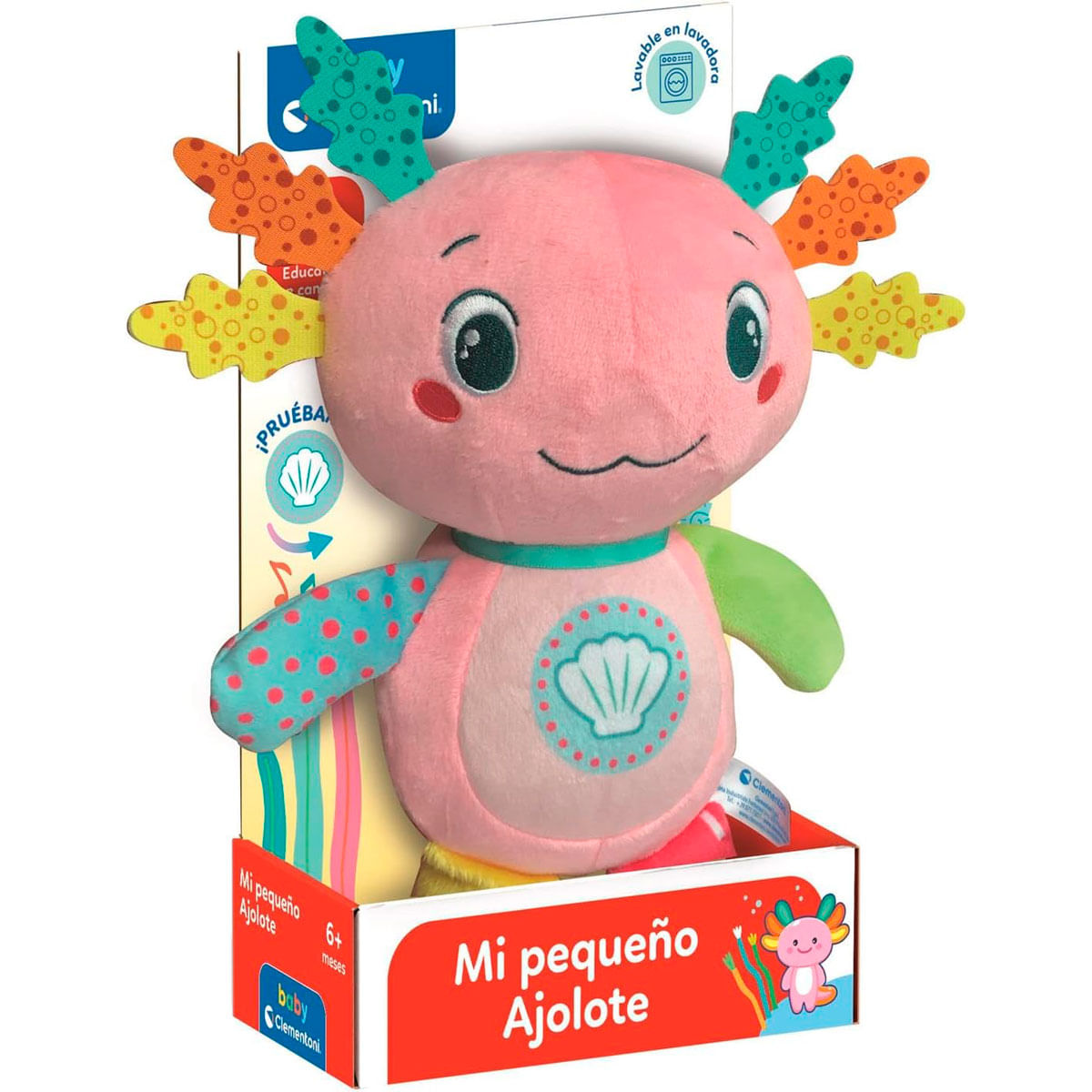 Un juguete de peluche de ajolote rosa en su empaque colorido con un motivo de concha en el vientre.