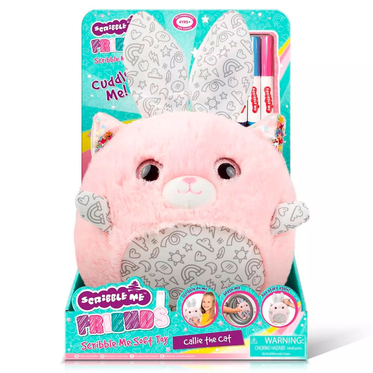 Gato de peluche rosa con orejas largas y patrones para colorear en su empaque colorido con cuatro rotuladores.
