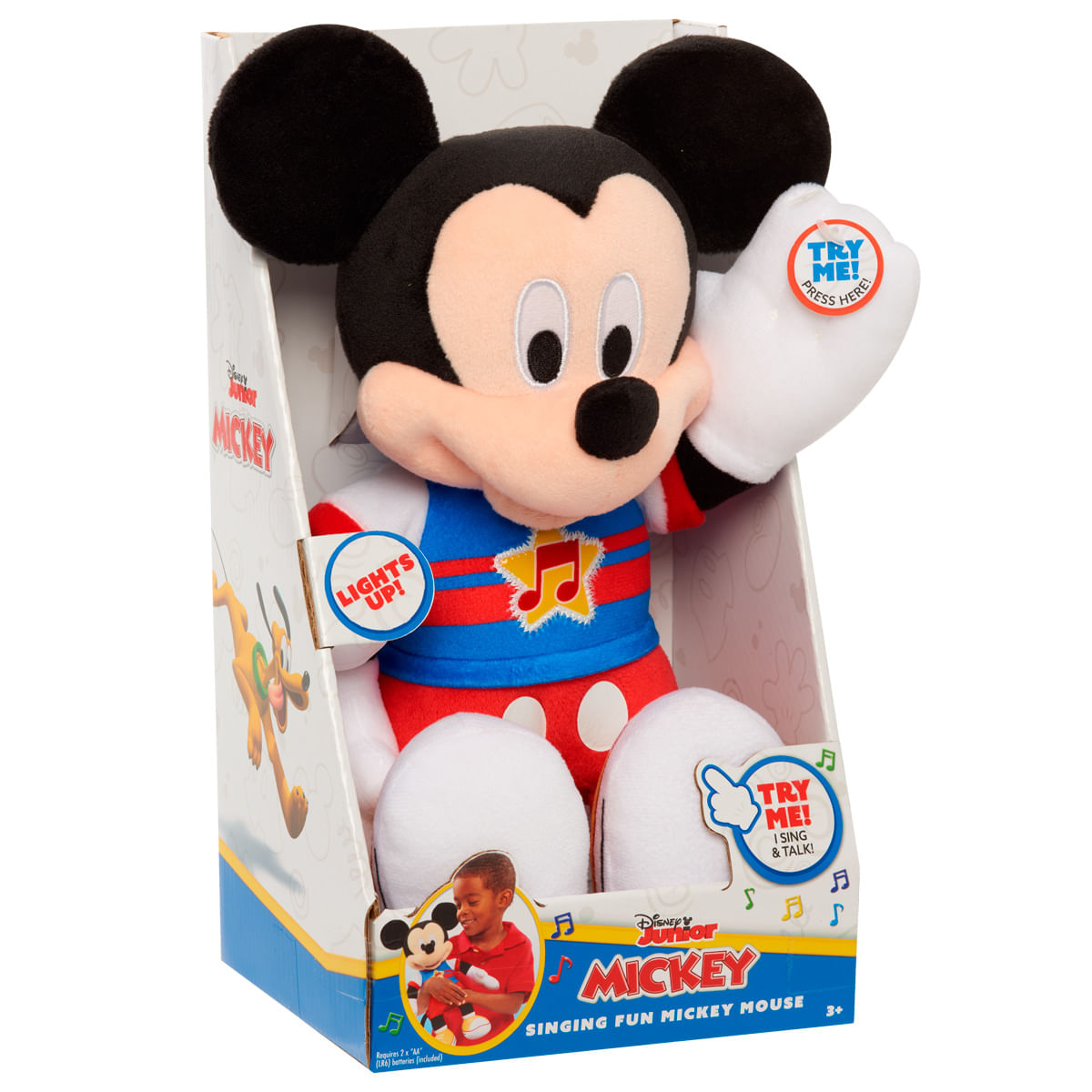 Peluche parlante de Mickey Mouse en su caja con botón de prueba.