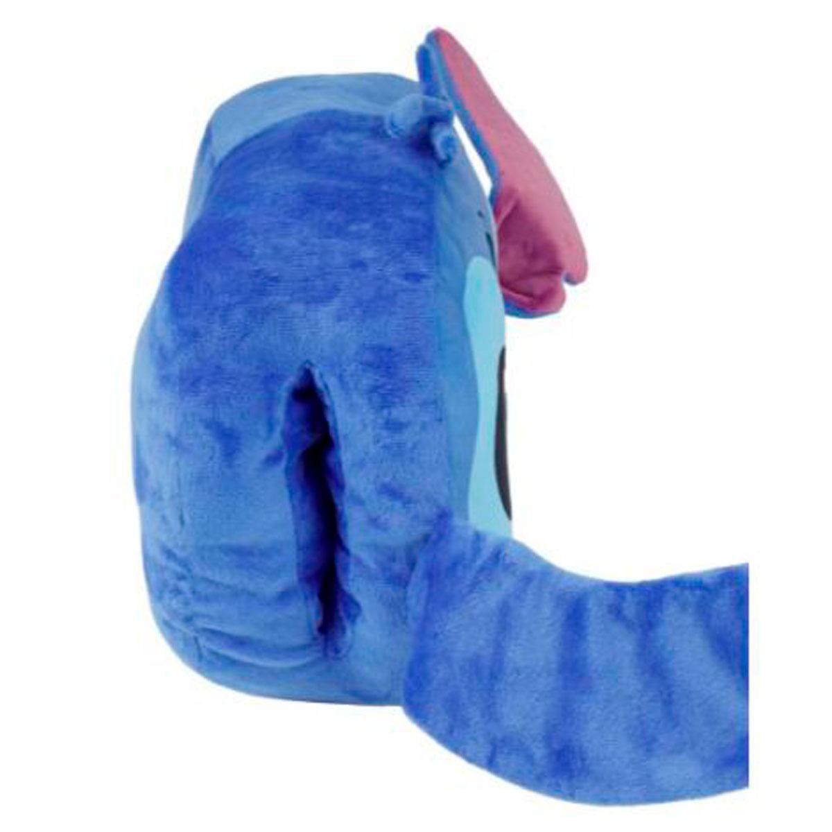 Juguete de peluche azul con orejas rosas y cola larga.