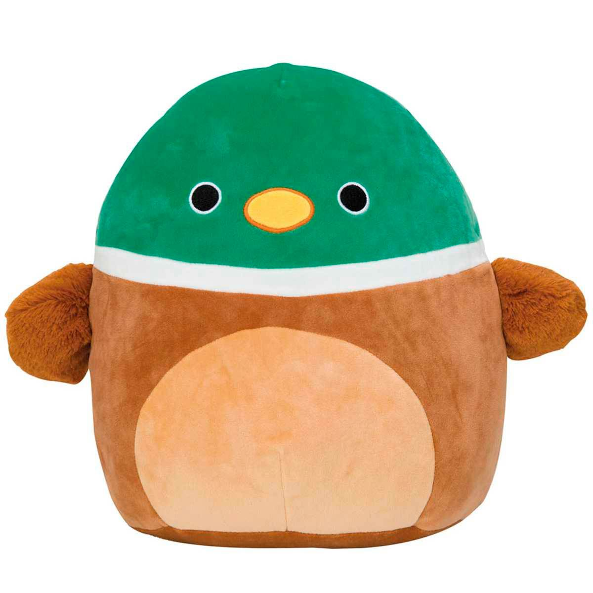 Un pato de peluche redondo con cabeza verde, collar blanco, cuerpo marrón y pequeñas alas sobre un fondo blanco.