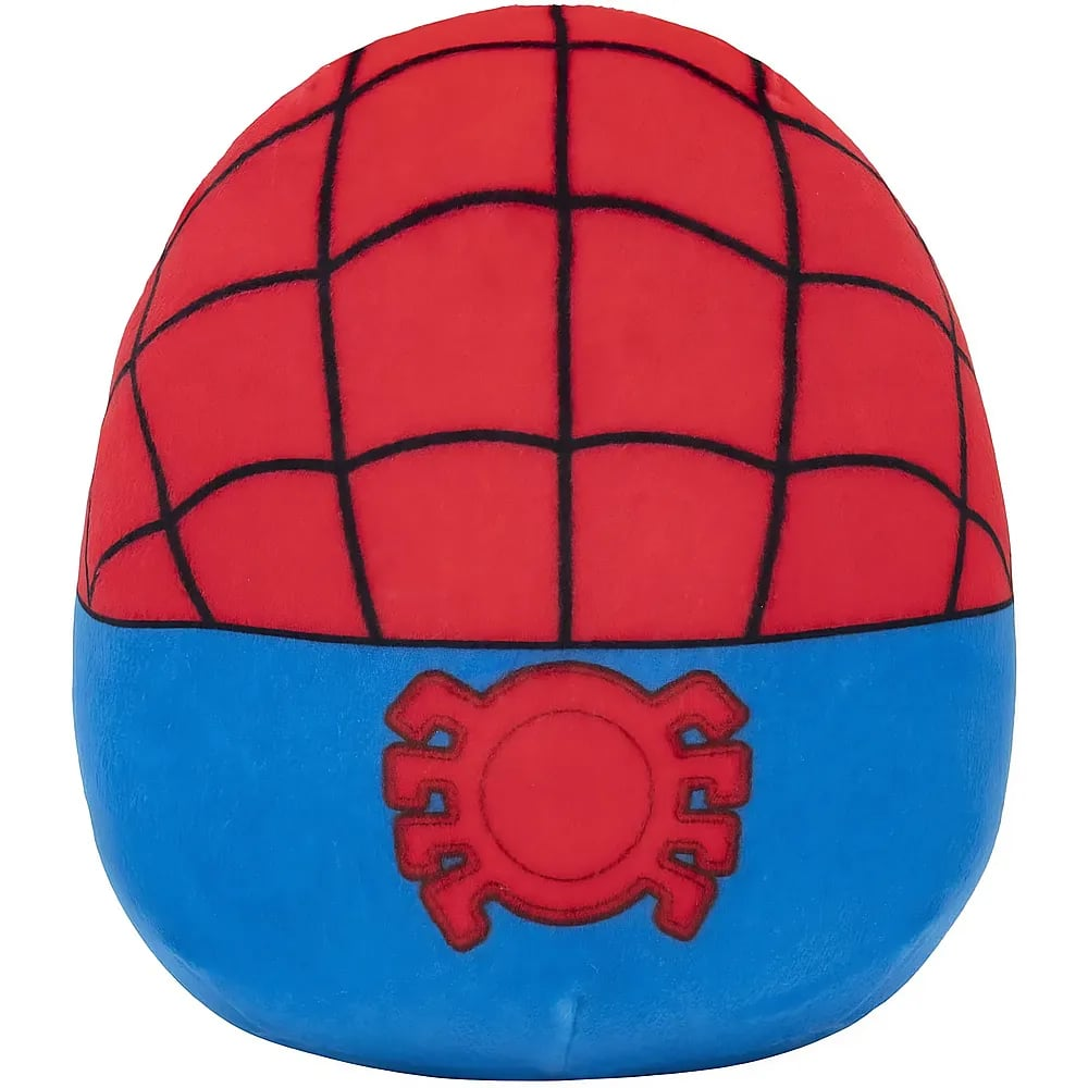 Peluche de Spider-Man rojo y azul con patrón de red negra y un logotipo de araña roja en el pecho.