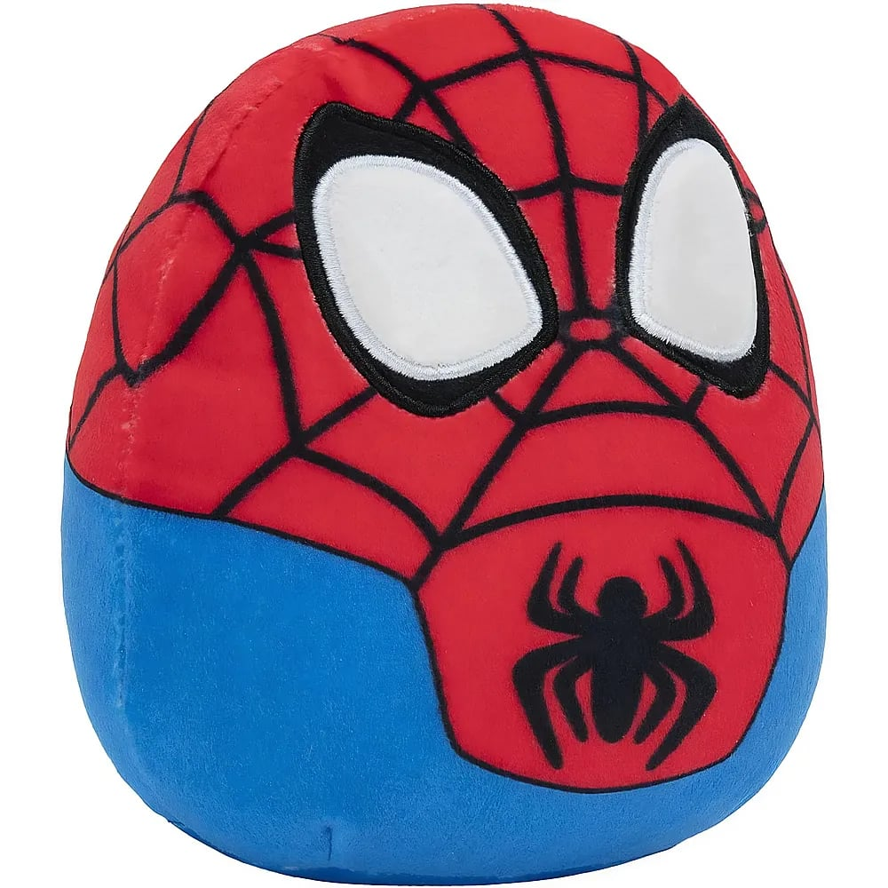 Peluche de Spider-Man rojo y azul con grandes ojos blancos y un logotipo de araña negro.