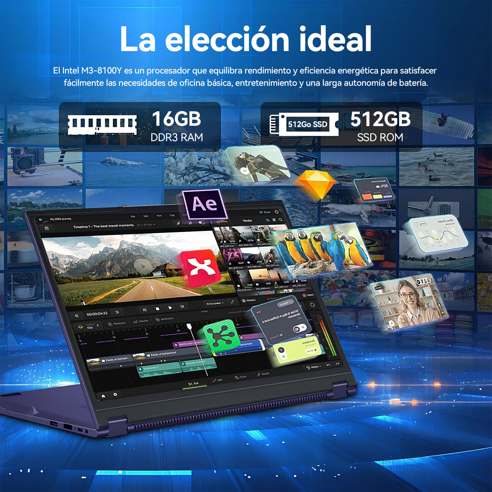 Portátil con software de edición de vídeo, iconos flotantes y especificaciones sobre fondo azul.