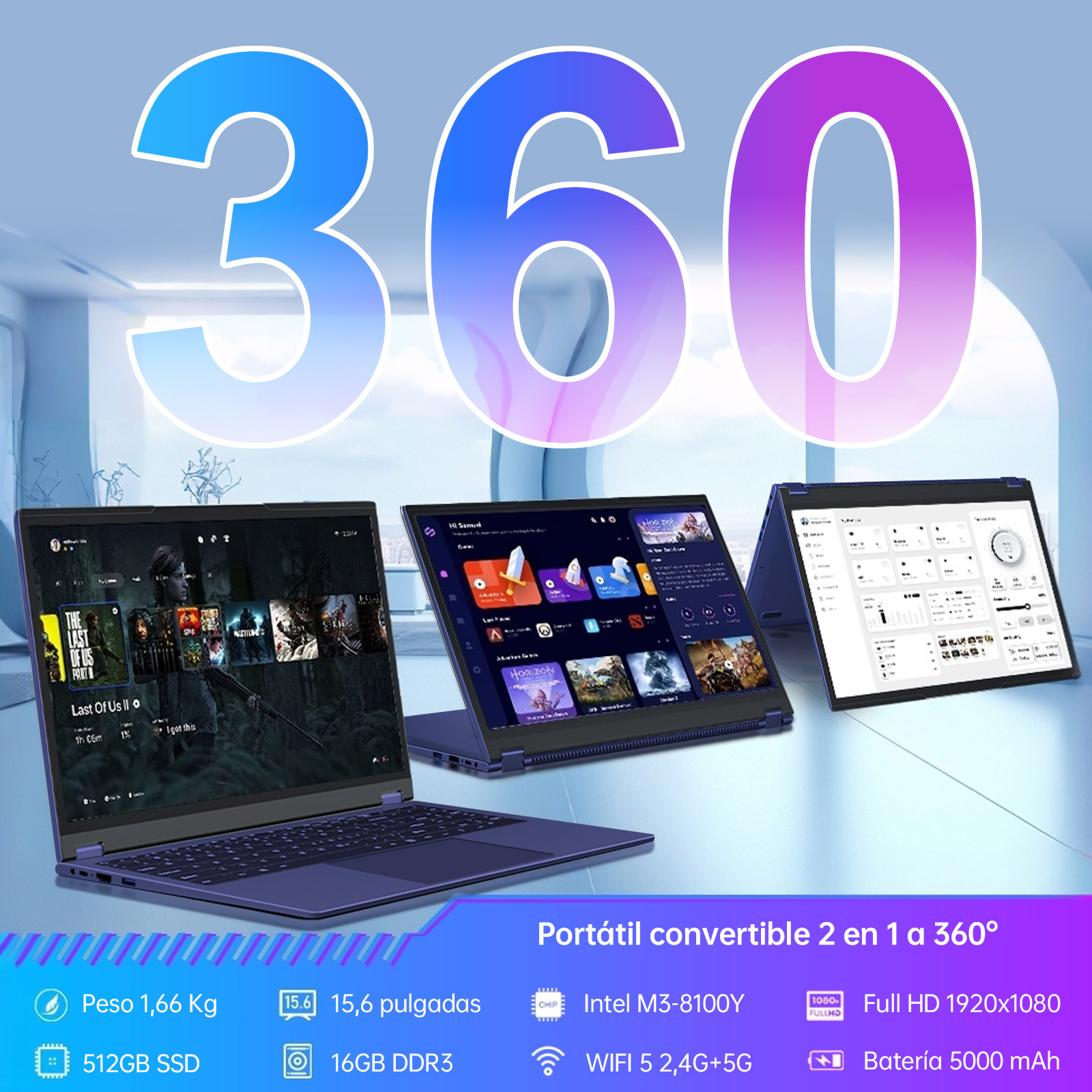 Tres portátiles convertibles azules de 360 grados sobre un fondo azul claro con especificaciones abajo.