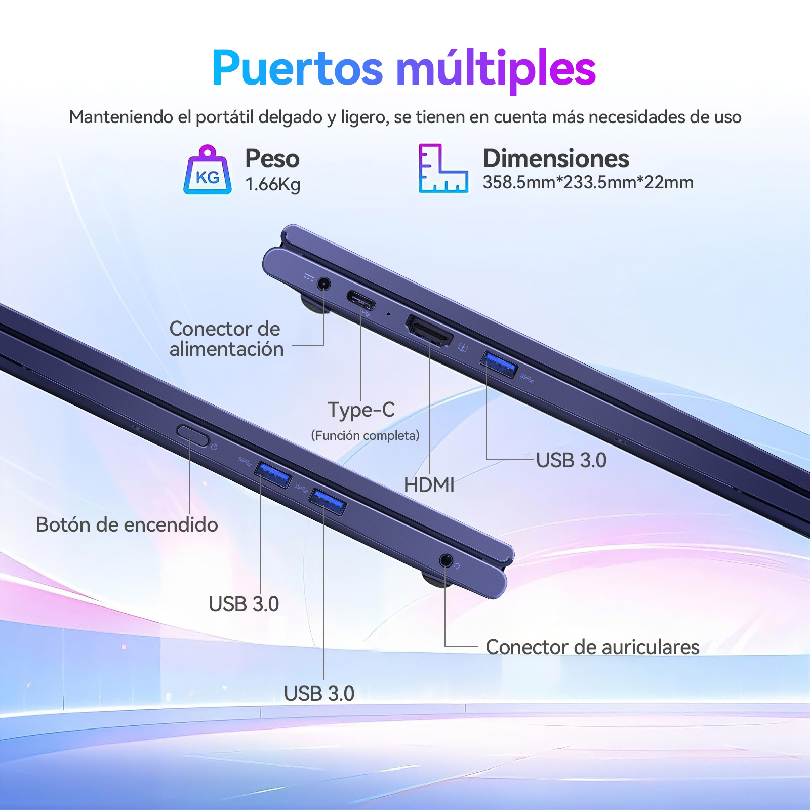 Diagrama que muestra los puertos del portátil como USB, HDMI y Type-C, peso 1.66Kg y dimensiones 358.5x233.5x22mm.