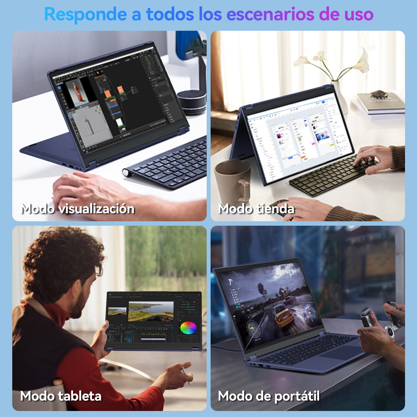Cuatro imágenes muestran diferentes modos de uso de un portátil azul: visualización, tienda, tableta y portátil.