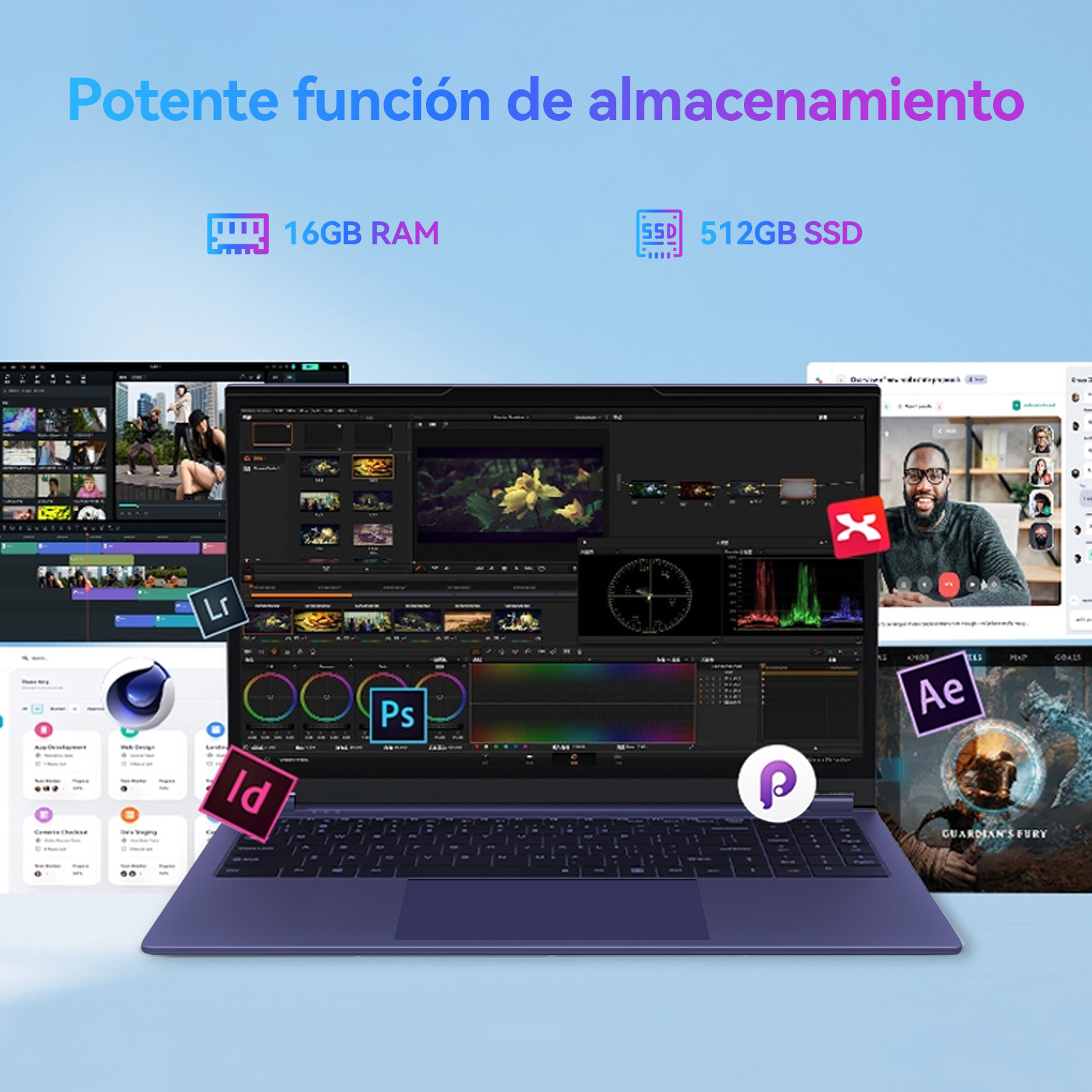 Portátil con 16 GB de RAM y 512 GB de SSD muestra software de edición de vídeo e iconos sobre fondo azul.