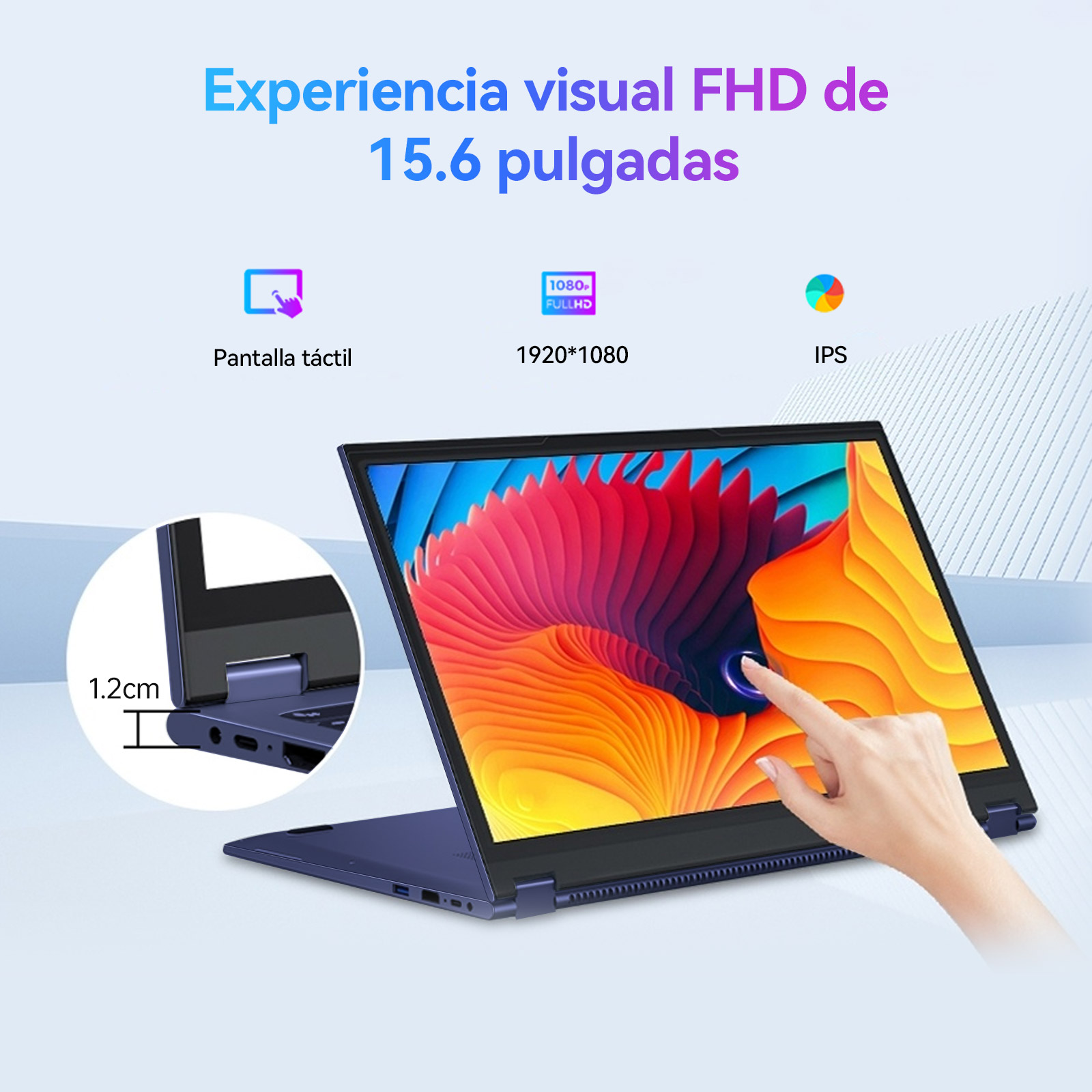 Una laptop azul táctil con pantalla FHD de 15.6 pulgadas, resolución 1920x1080 y tecnología IPS.