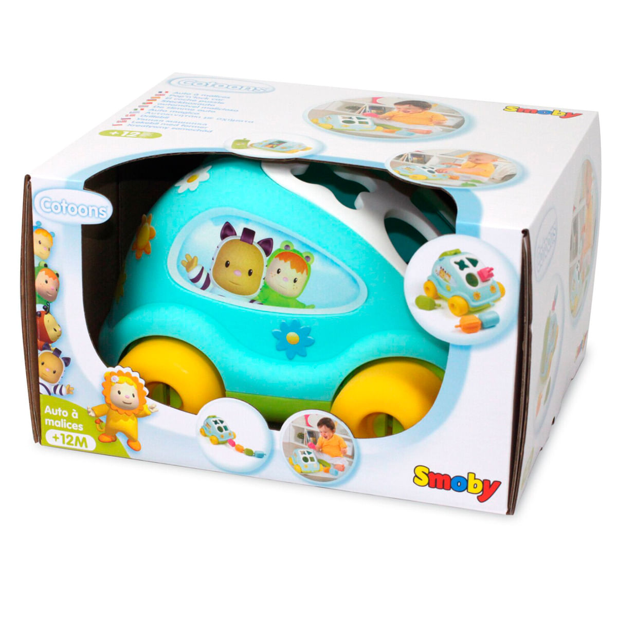 Coche de juguete azul y amarillo Smoby Cotoons en caja con personajes ilustrados y fotos de niños jugando.