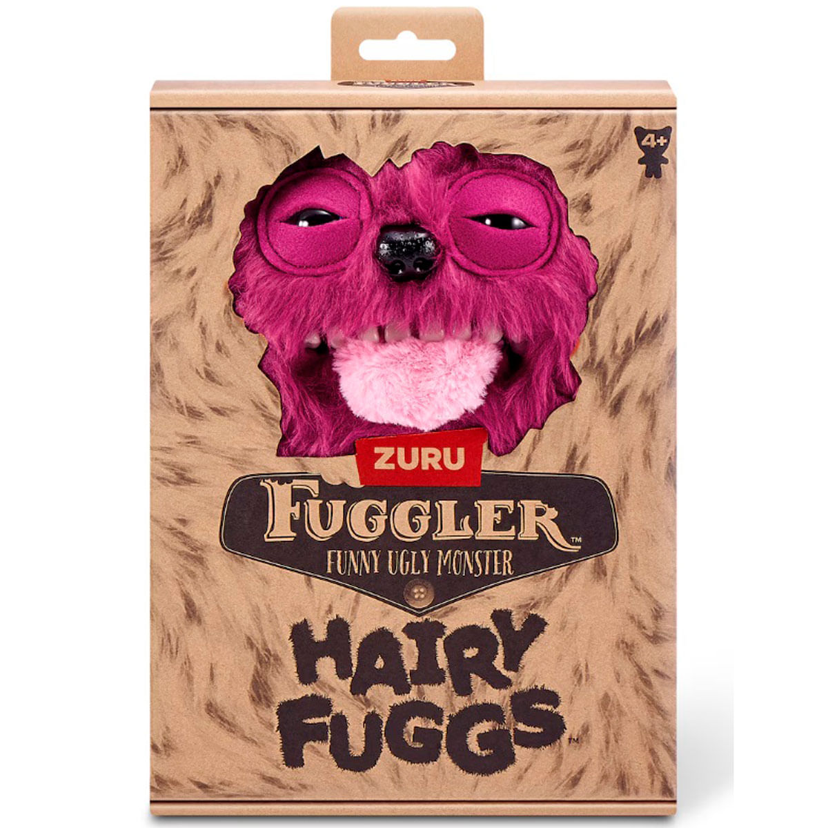 Una caja de monstruo de peluche Fuggler rosa con grandes ojos y dientes que se asoman.