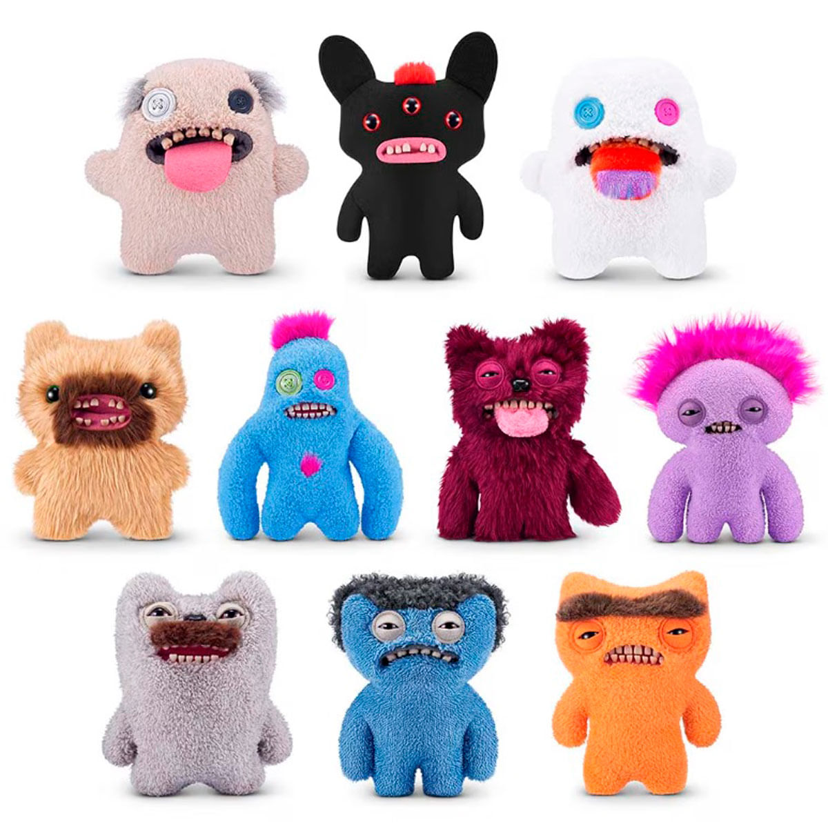 Una colección de diez monstruos de peluche coloridos y esponjosos con varios botones, ojos y expresiones.