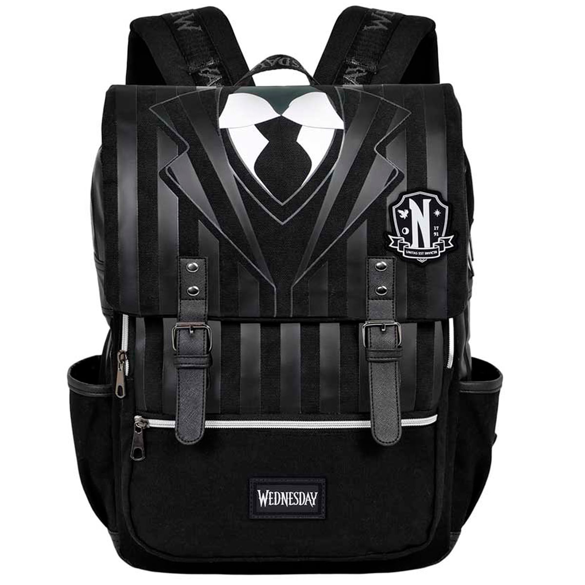 Mochila negra a rayas estilo Wednesday con cuello blanco, corbata y emblema de la Academia Nevermore.